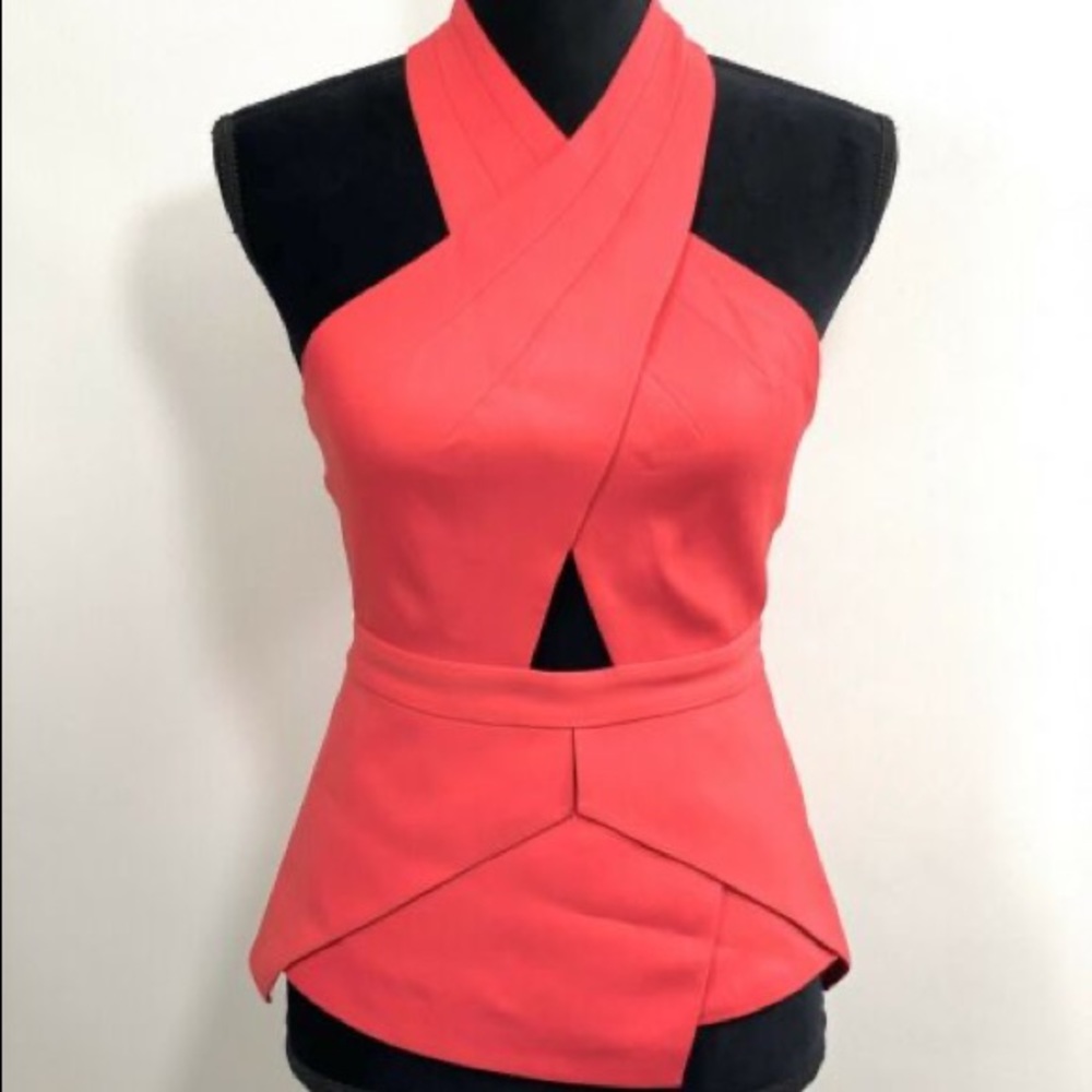 BCBG Remmie Crisscross Halter Peplum Top